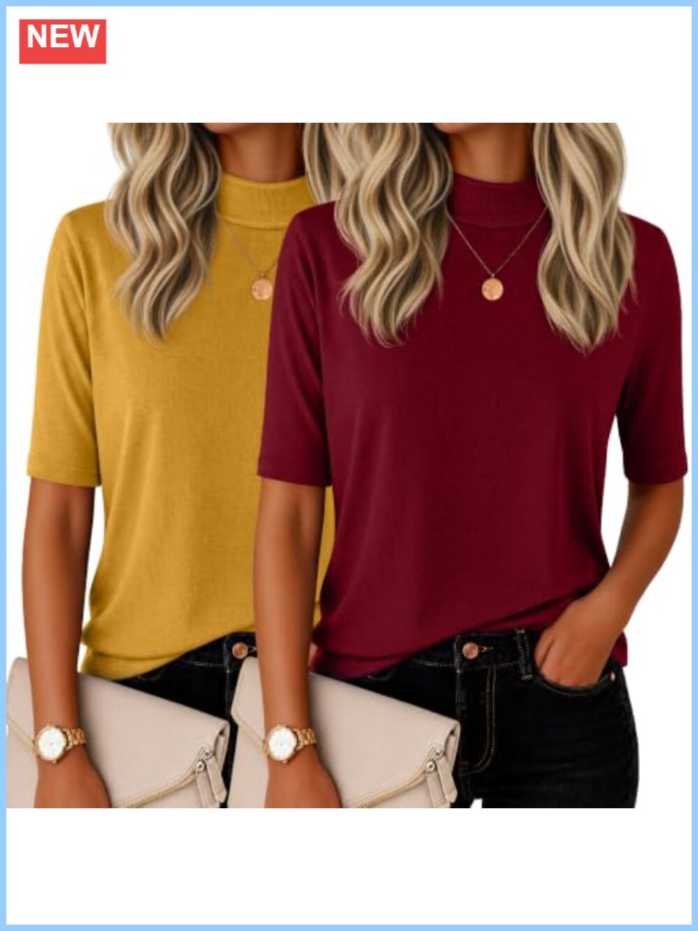 Women's Mock Neck Half Sleeve Slim Fit Tops 2 Pack